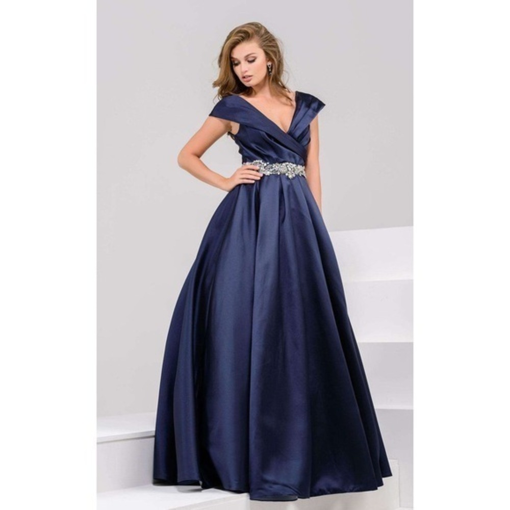Jovani 25190 Navy Blue 10 Satin Portrait Neck Crystal Waist Evening Gown Dress - Picture 2 of 16